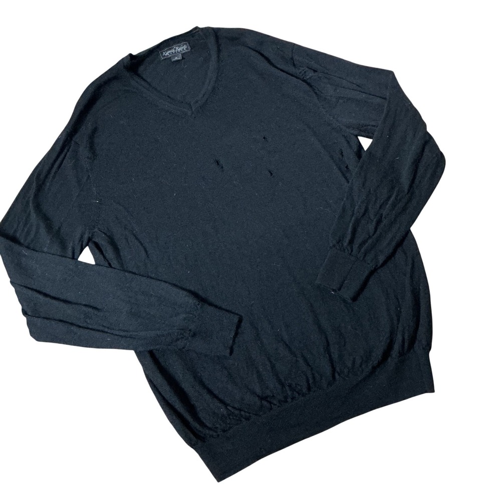 Kenneth Roberts Merino Wool V-Neck Sweater Mens M Black Distressed Grunge FLAW